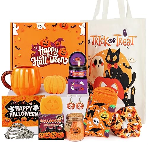 Halloween Gifts for Women - 11Pcs Halloween Gifts Basket, Boo Basket Stuffers for Teens Girls with Cute 14oz Pumpkin Mug & Spa Set, Festival Themed Gifts for Her, Mom, Sister, Friend - Boo Basket-11PCS