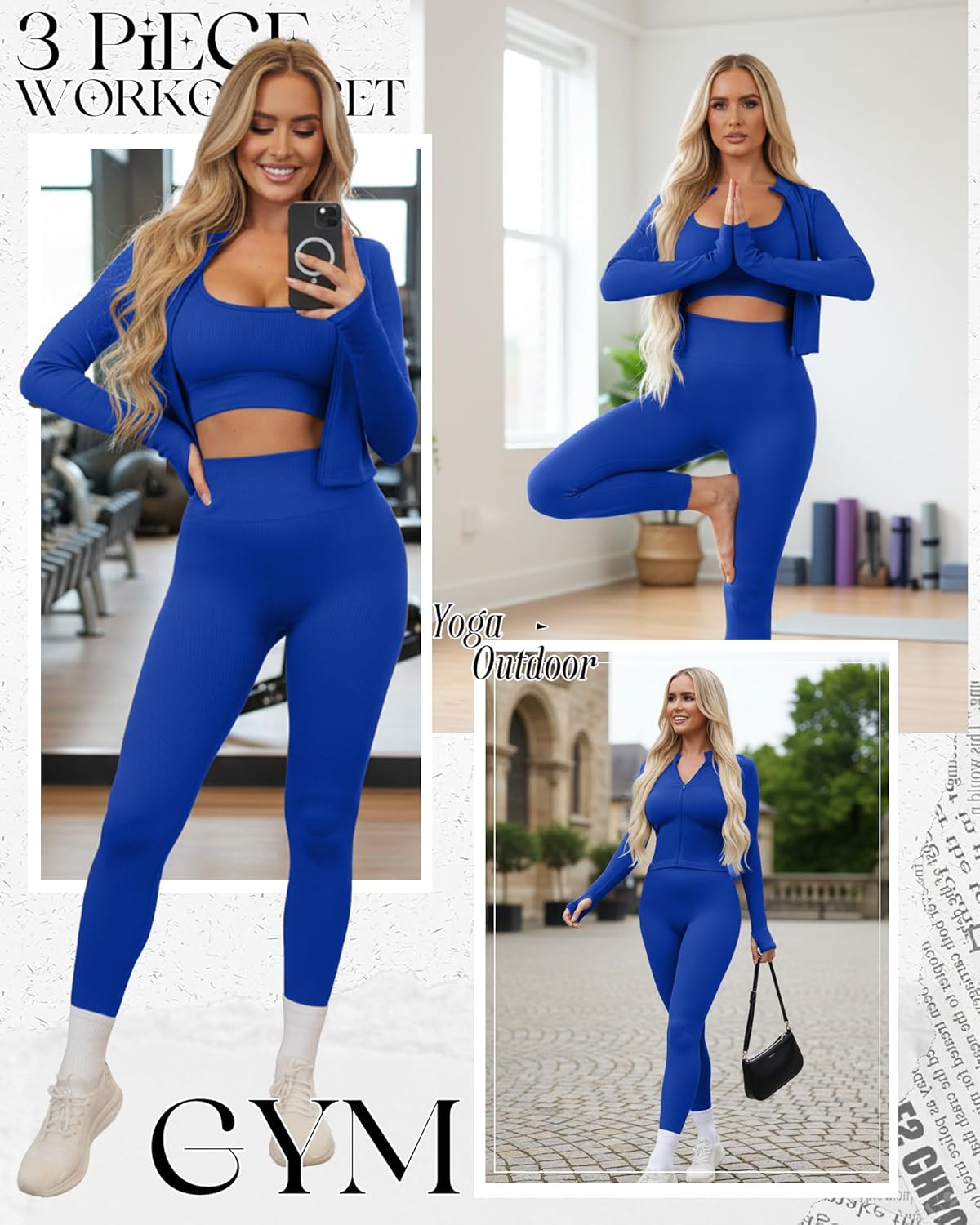 Women 3 Piece Seamless Workout Set Sports Bra High Waisted Gym Yoga Leggings Zip Up Jacket with Thumbhole Activewear - Image 3