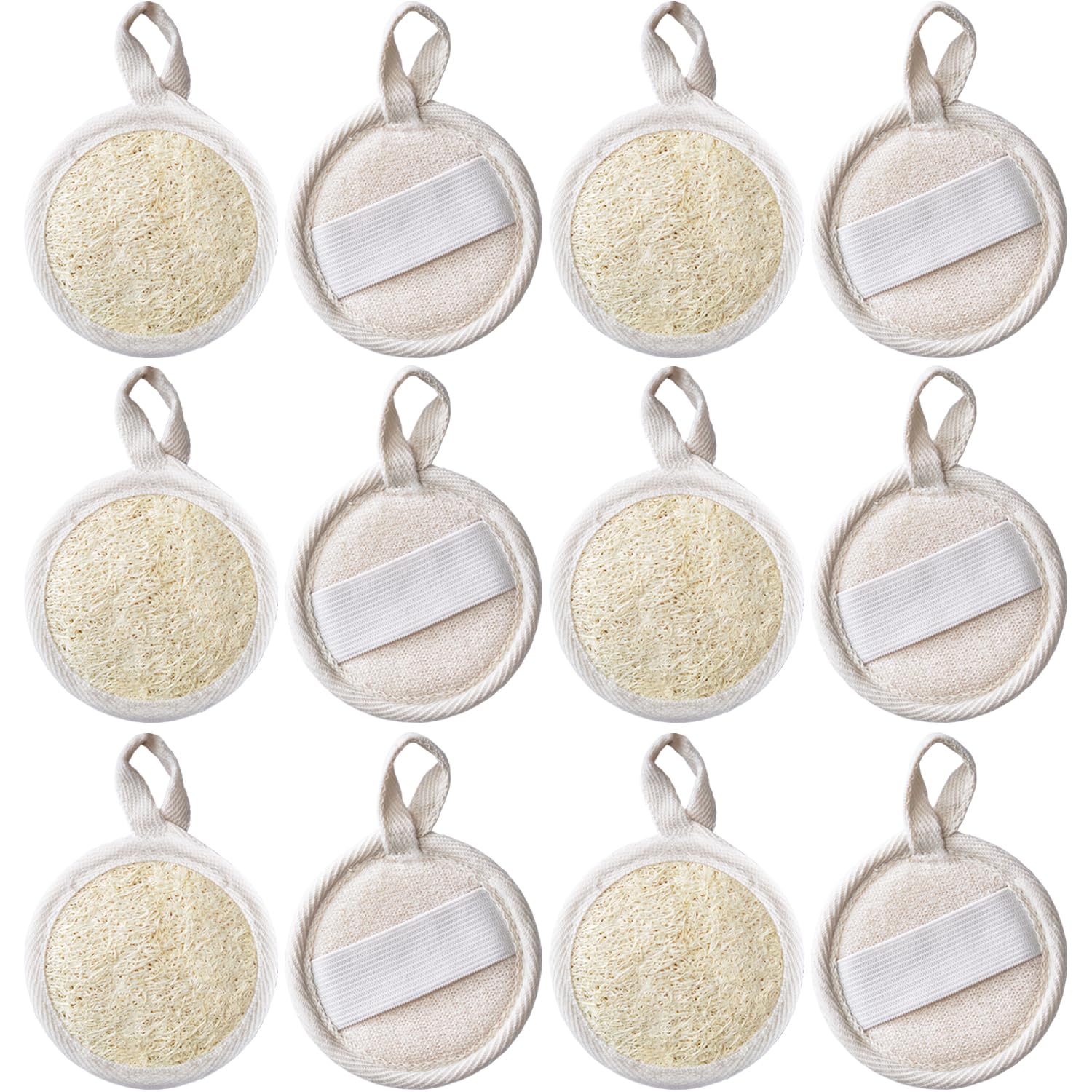 Spugna esfoliante per il viso in luffa naturale, 12 pezzi, spugna organica per la pulizia del corpo, 8 cm, esfoliante per il viso, spazzola e massaggiatore, per uomini e donne, pelle liscia e luminosa