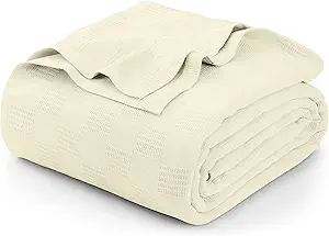 Utopia Bedding Ivory 100% Cotton Blanket [King Size - 90x108 Inch] 350GSM Lightweight, Soft and Breathable Thermal Blanket for All Seasons