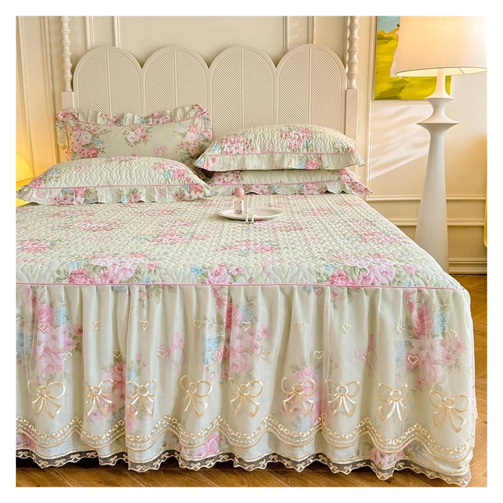Falda de Cama Impresa Falda de Cama Acolchada Princesa, Funda colchón Gruesa Encaje romántico, Colcha niña con decoración Floral Rosa