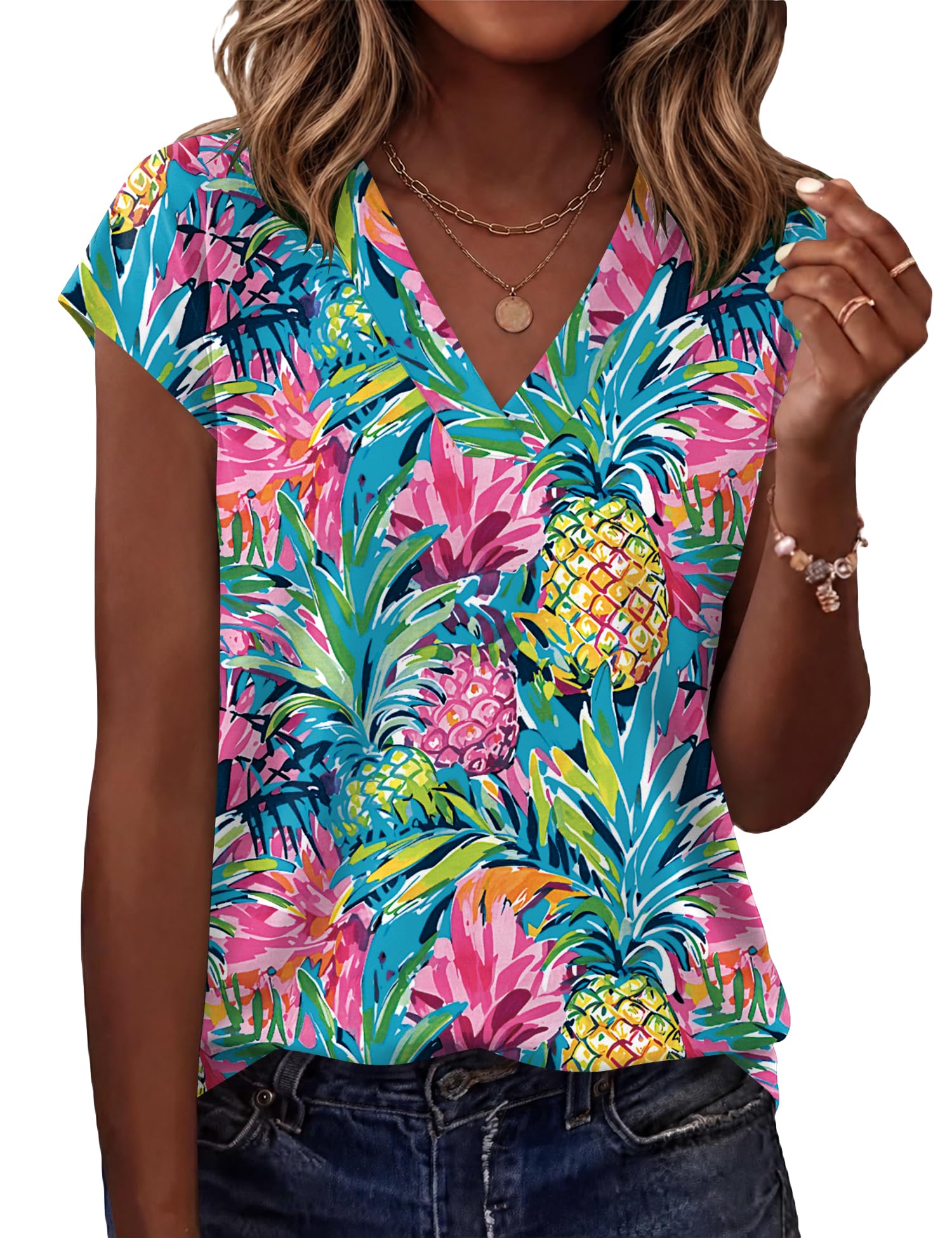 Rapbin Womens V Neck Tops Cap Sleeve Blouses Summer Spring Tops