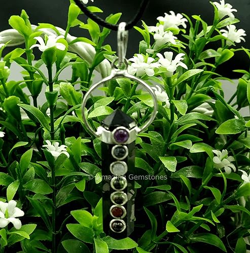 Miniatura 2 de Amazing Gemstone Shungite - Collar con colgante de lápiz de doble terminación con 7 chakras, potente colgante de protección de cristal para hombres,