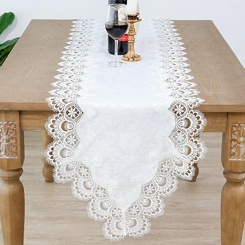 Camino de mesa de encaje, caminos de encaje bordados rectangulares para mesas, casa de campo, tocador, bufanda, camino de mesa blanco, camino de