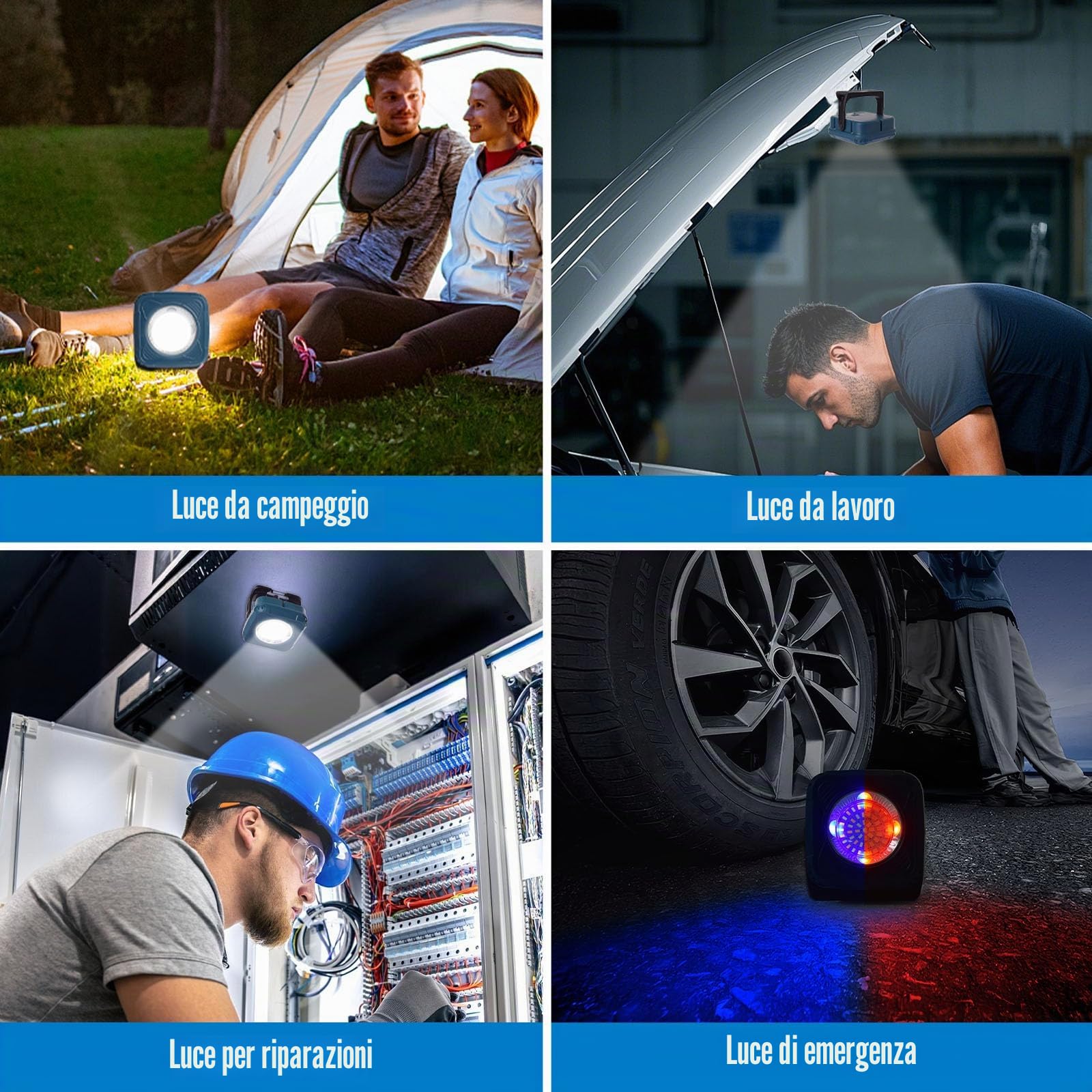 Lampada da Lavoro a LED Ricaricabile, 4 Modalità, Alta luminosità | Regolabile tramite rotazione, fissaggio magnetico, indicatore di carica, 3600 mAh, ideale per officine, cantieri ed emergenze