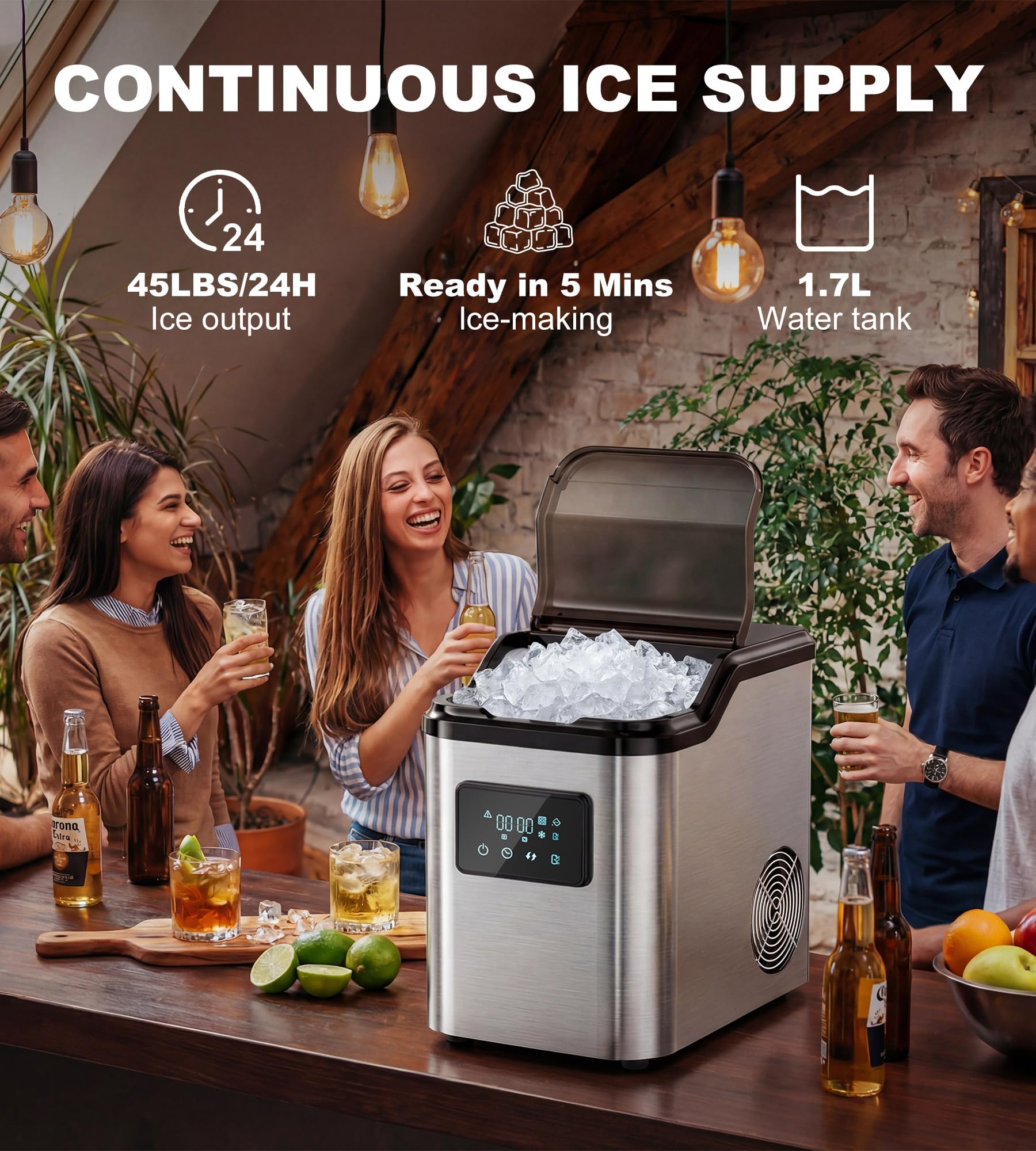 Nugget Ice Makers Countertop,Portable Pebble Ice Machine with Crushed Ice,45lbs/Day Soft Pellet Ice Maker Stainless with 24H Timer, Self-Cleaning Chewable Sonic Ice for Home,Kitchen,Office — view 2
