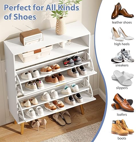 Miniatura 6 de Zapatero para entrada, armario de almacenamiento de zapatos blanco con 2 puertas abatibles y estante, armario estrecho oculto para entrada delgado,