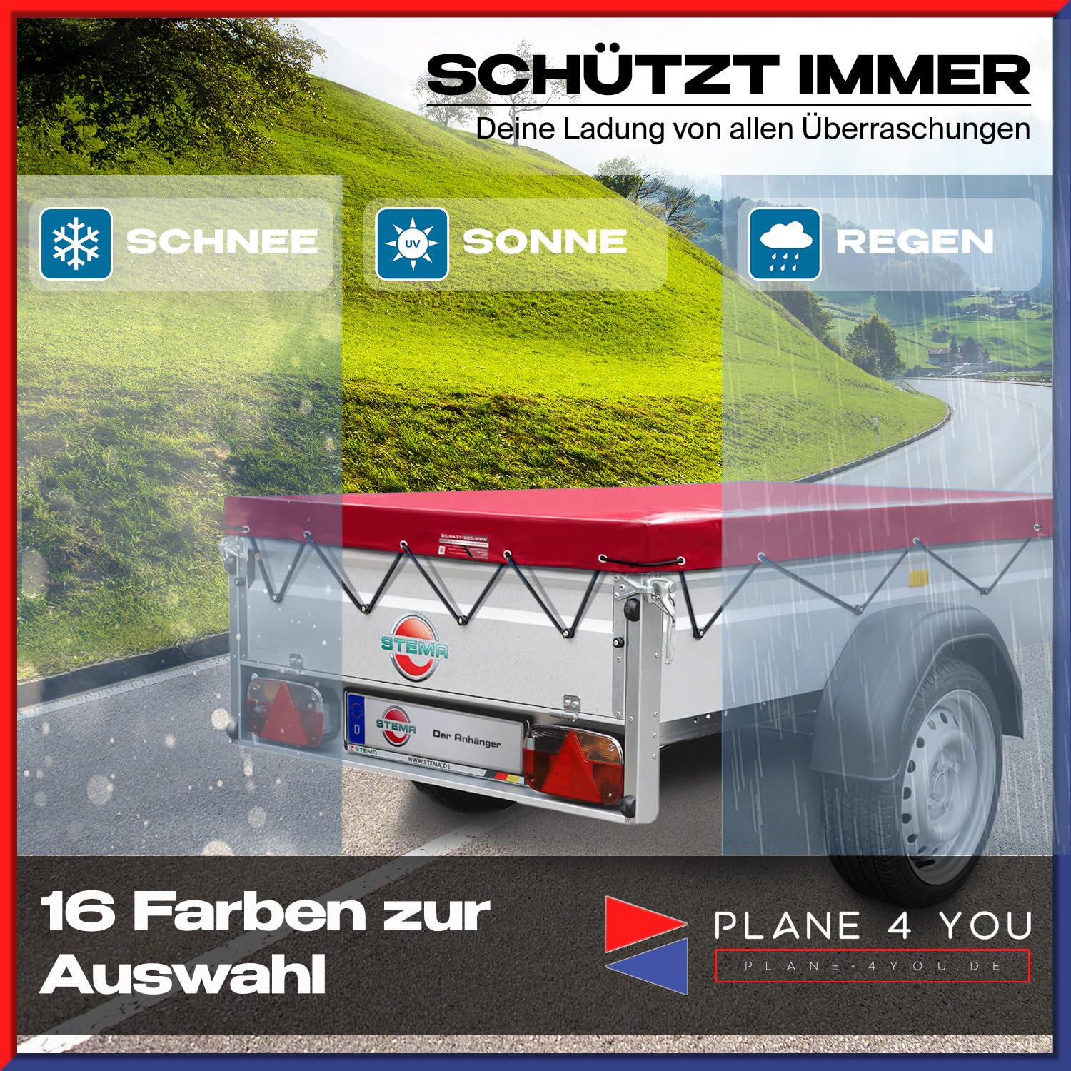 Hochwertige Stema Anhängerplane 207 x 114 x 6 cm - Nach Maß - Königsblau Hochglanz - Flachplane PKW-Anhänger - Wasserdichte Abdeckung Aus PVC Gewebeplane Mit Zubehör