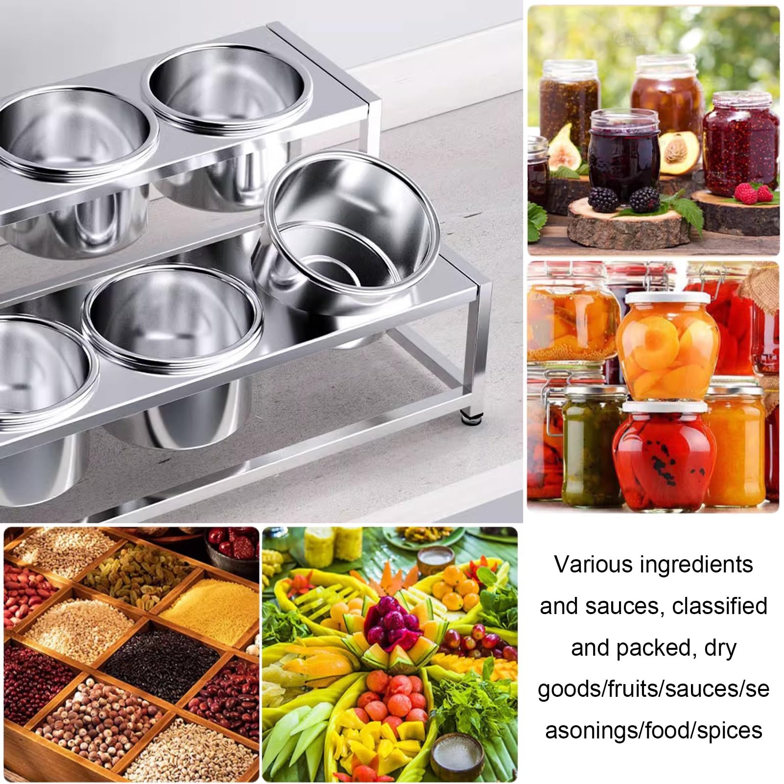 Estantes de especias de acero inoxidable con sartenes y tapas, juego comercial de especias para bufés de cocina, estantes dispensadores de condimentos para condimentos, salsas, ensaladas