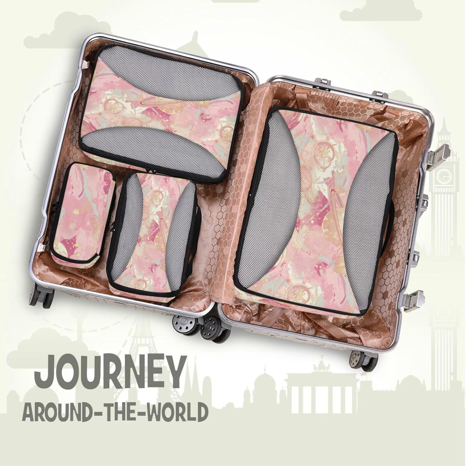 Rose Gold Planet 4 Pcs set travel luggage organizer Mesh Travel Essentials portable travel cubes for packing