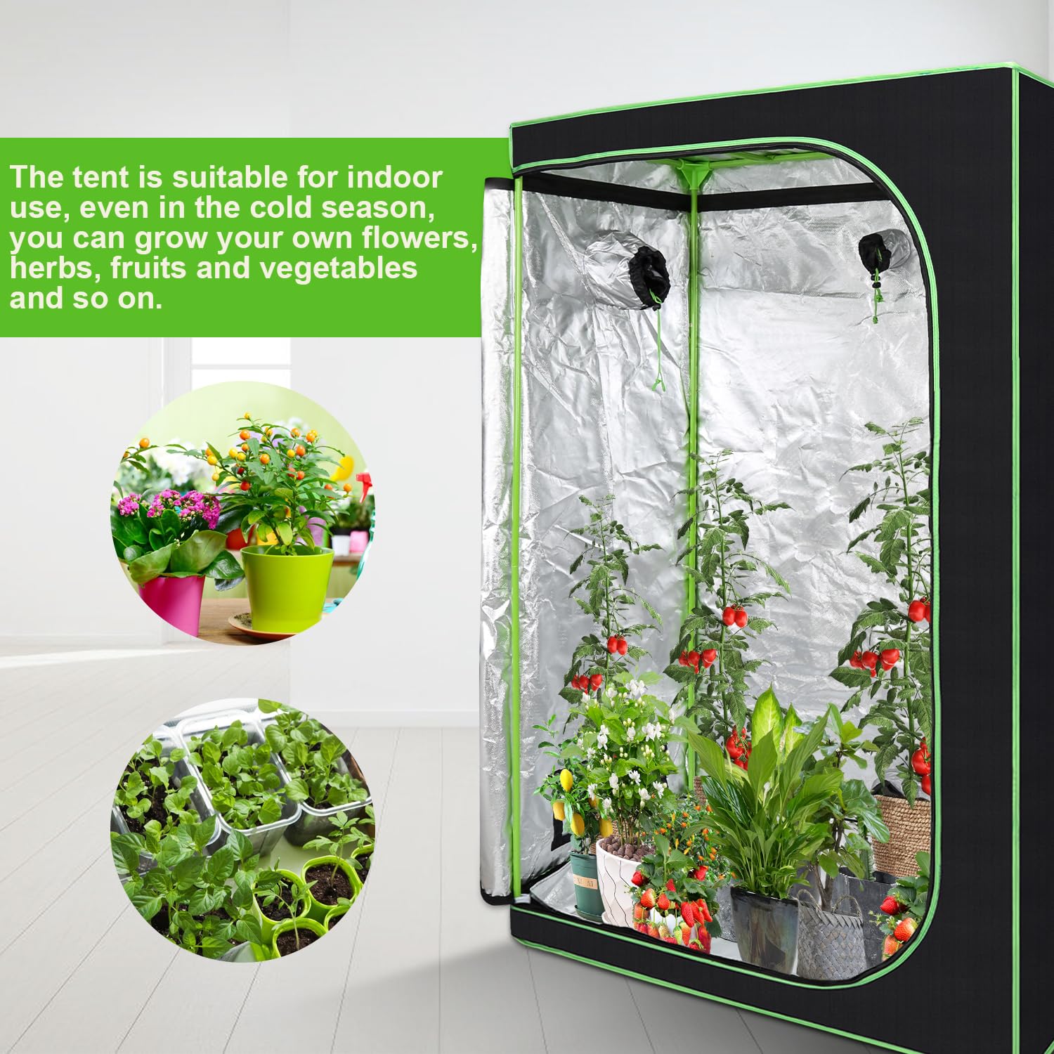 Daromigo Tienda de campaña para cultivo de plantas de color negro y verde, 120 x 60 x 180 cm, invernadero interior para plantas, carpas de cultivo con ventilación y reflectante Mylar Homegrowing