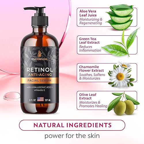 Miniatura 5 de Suero de retinol para cara con ácido hialurónico + vitamina E y A + aloe vera (8 onzas)  Suero antienvejecimiento endurecedor de poros