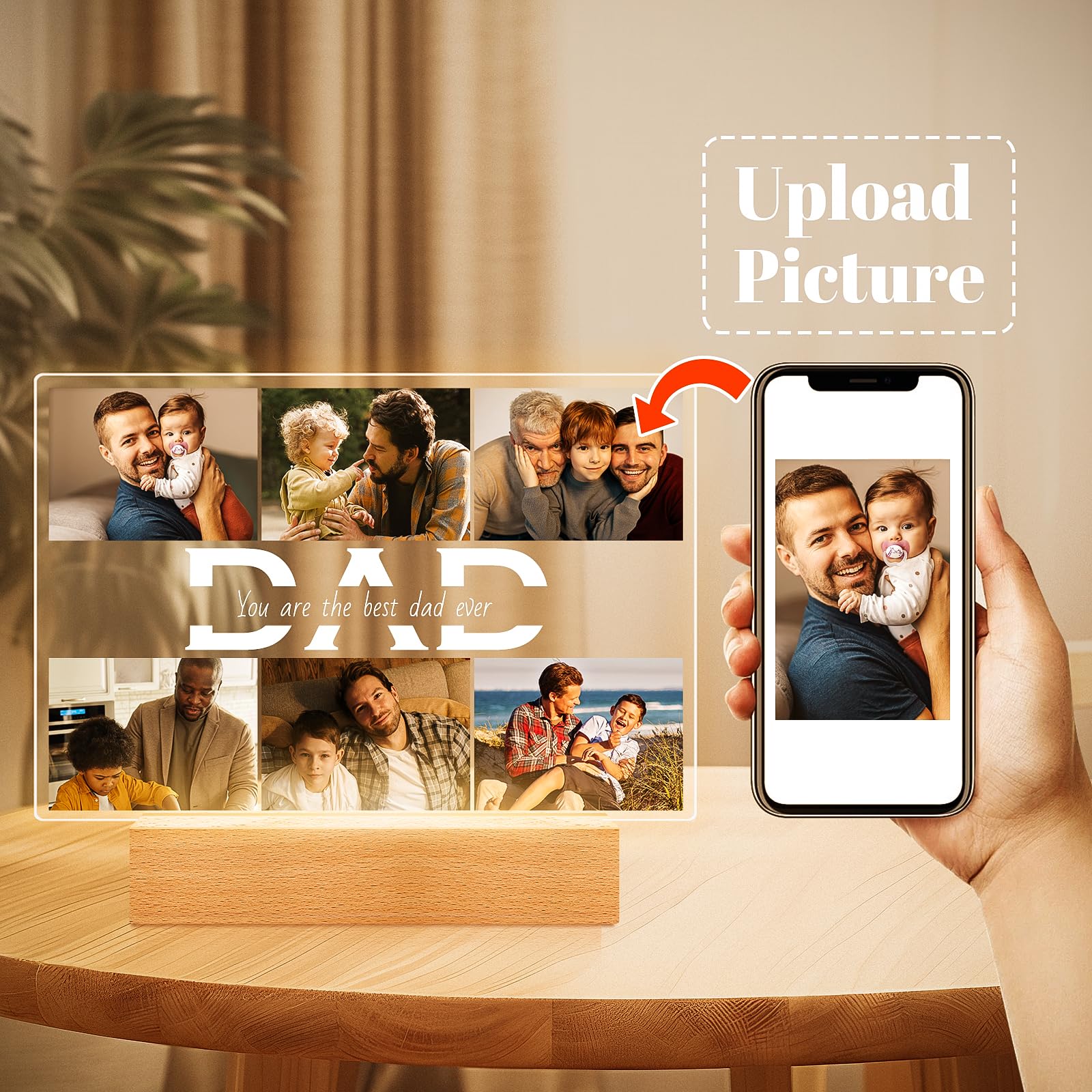 Bulaient Personalized Father's Day Gifts for Dad from Daughter Son, Customized Picture Frames with Photos, Custom Photo Frame with Night Light, Personalized Dad Gifts for Birthday Fathers Day