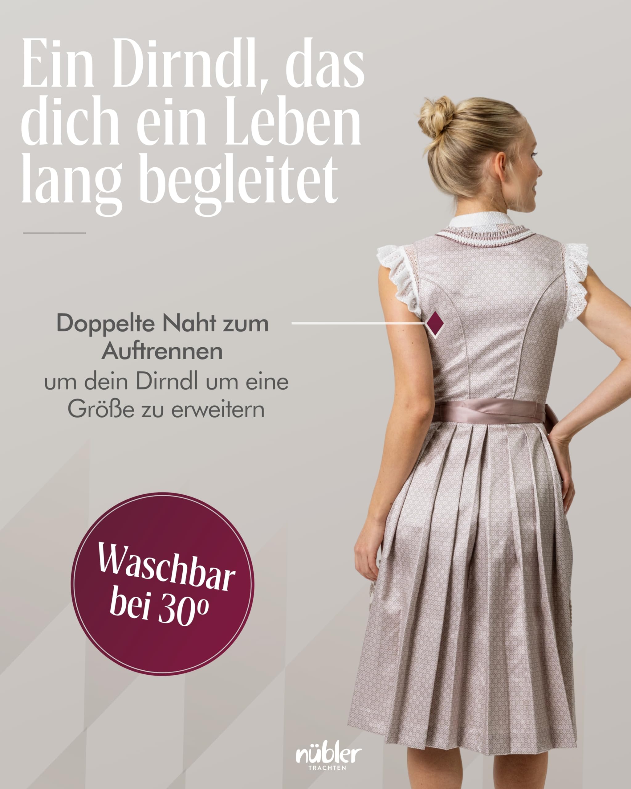 Nübler Damen Dirndl Tessa I Größen 30-48 I Midi-Dirndl mit Rocklänge 65 cm & passender Schürze I Festliches Trachtenkleid mit modernem Schnitt & dezenten Details I Ideal für Trachten & Festlichkeiten