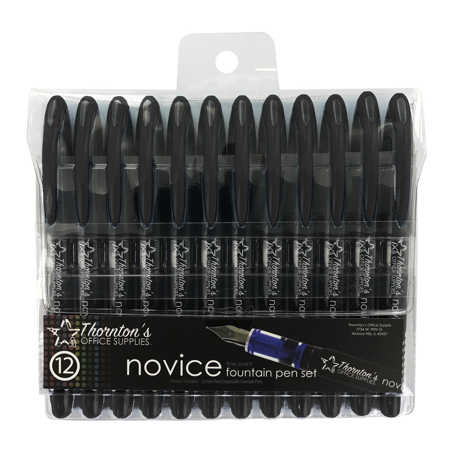 Thornton's Office Supplies Disposable Fountain Pens Pack of 12 Fine Point Black Journaling and Calligraphy Pen for Smooth Writing - Gift for Beginner Artist