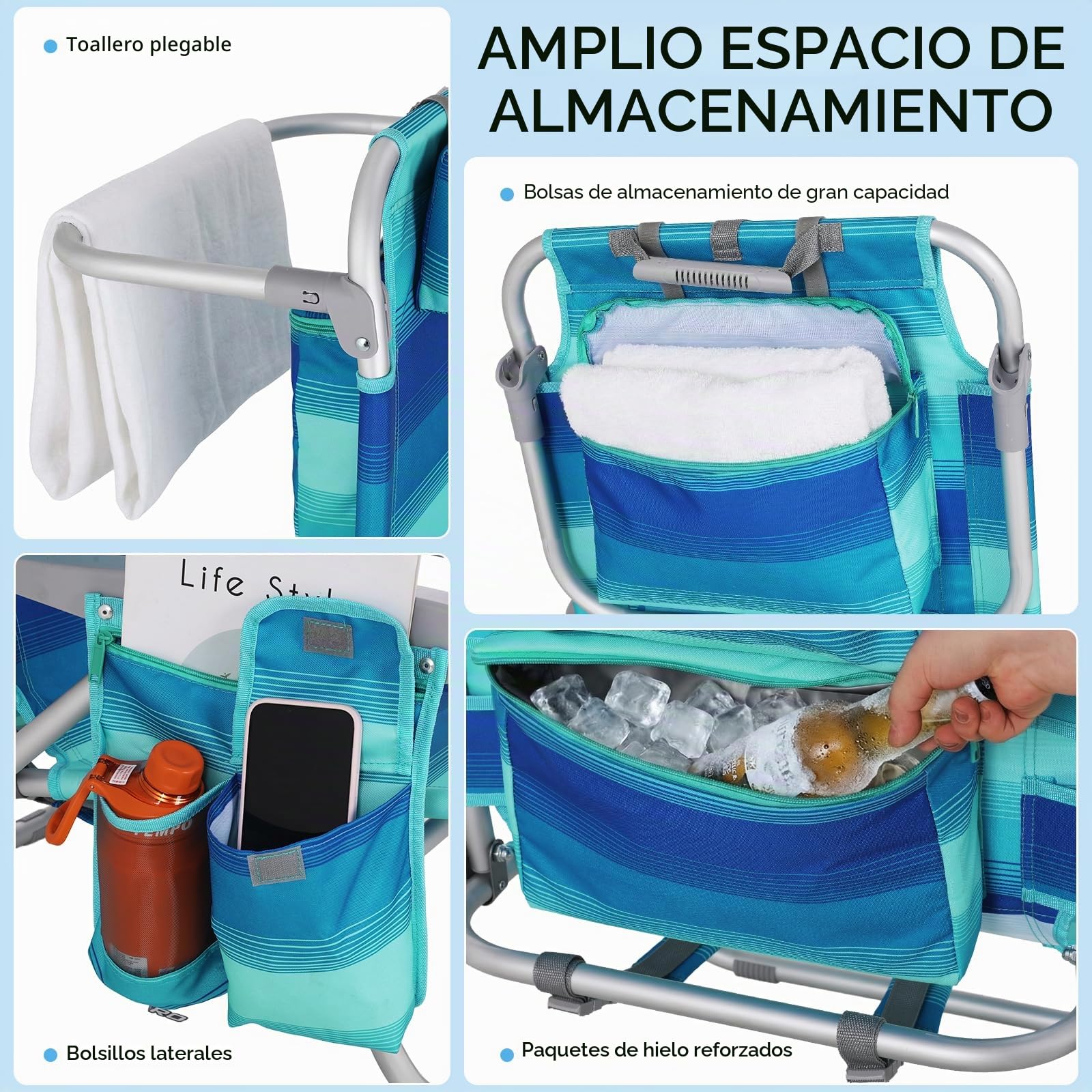 LIFERUN Silla de Playa Plegable de Aleación de Aluminio, Silla Plegable Ligera y Portátil como Mochila, Silla de Camping, Reclinable, Capacidad de Carga de hasta 150 kg, Silla Plegable de Exterior