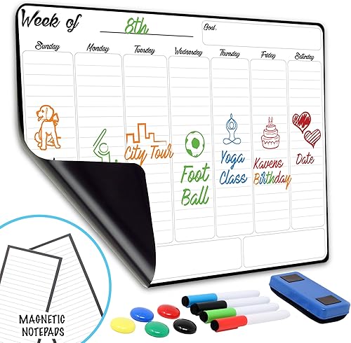 Calendario magnético semanal de borrado en seco Pizarra blanca magnética de 13 x 17 pulgadas para refrigerador y pared, sin fantasmas, incluye