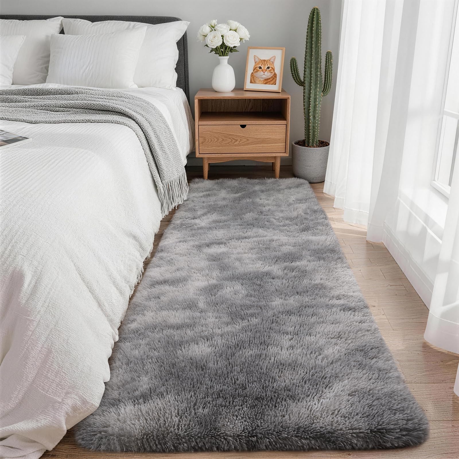 SOANNY Runner Rug, Long Soft Plush Fluffy Tie-Dye Carpet, Non-Slip Machine Washable for Living Room, Hallway, Entryway, Bedroom, Dorm, Bedside, Office, Kitchen, Sofa, 80x300 cm, Light Grey