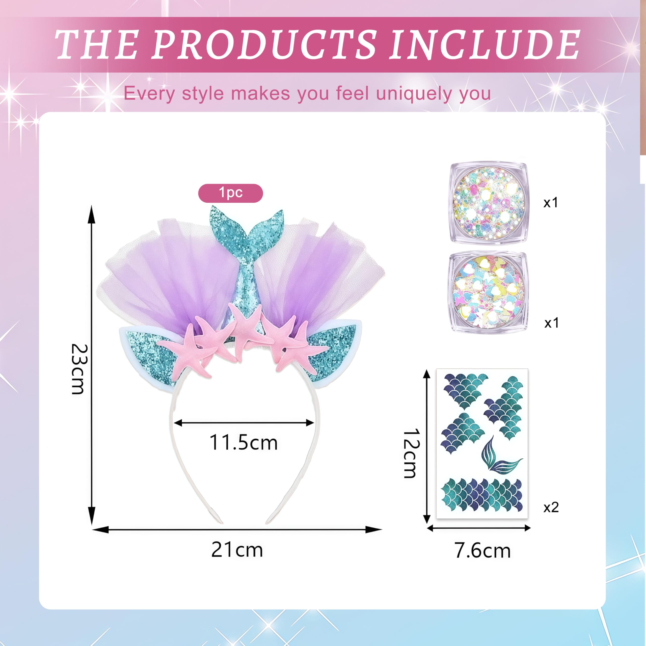 Zosutetoxo Mermaid Costume Set Women Girls, Headband with Glitter Gel & Face Tattoos for Carnival Fancy Dress Mermaid Accessories - Image 2