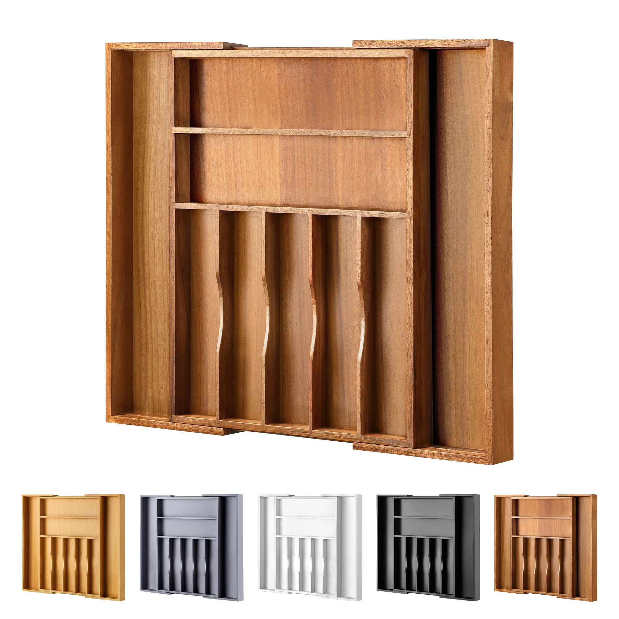 Großer Premium-Akazien-Besteck-Organizer – erweiterbarer Schubladen-Organizer und Utensilien-Organizer – 43,2 x 50 cm Besteckkasten mit Trennwänden für Küchenutensilien und Besteck (7–9 Fächer)