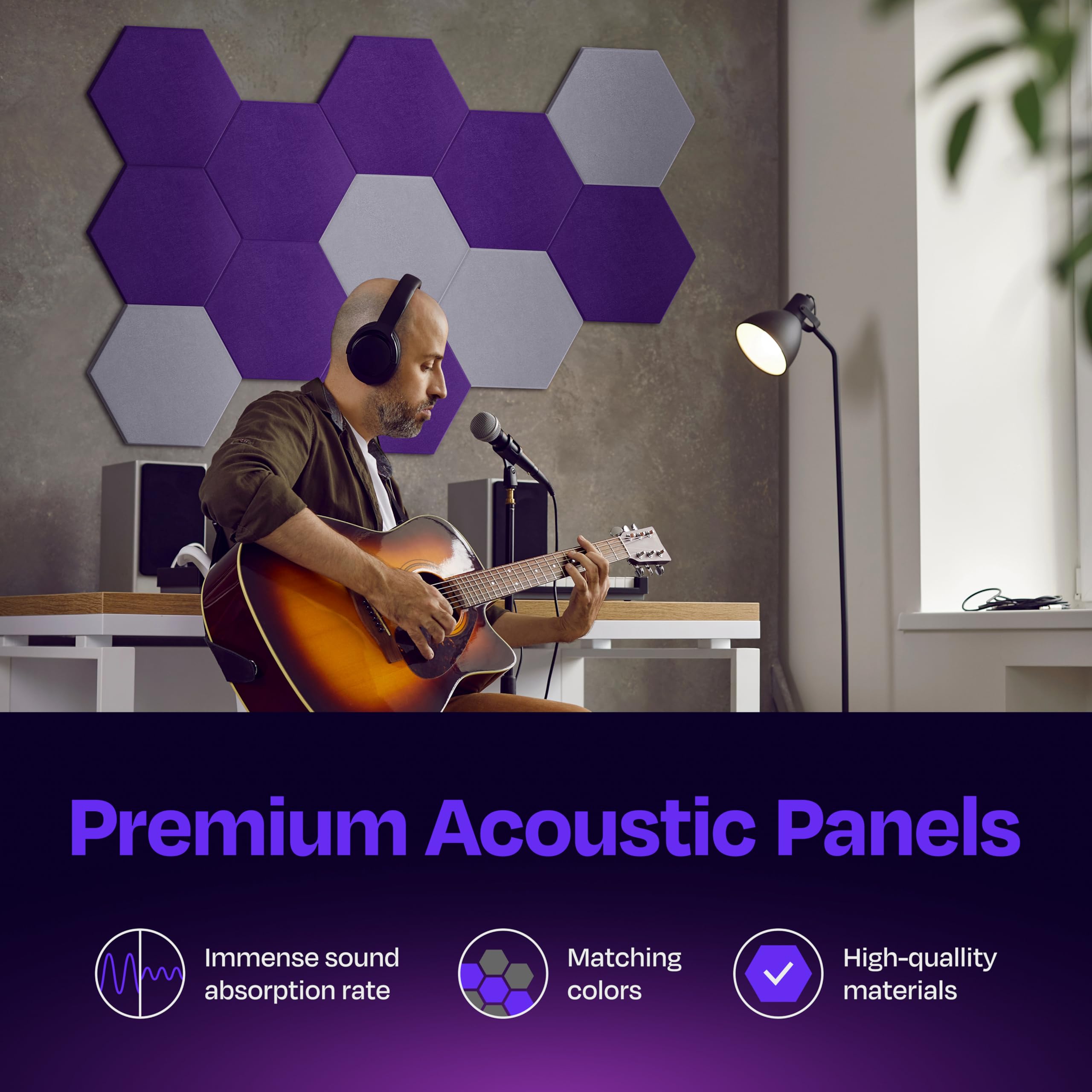 Paneles acústicos Paquete de 12 paneles de pared insonorizados de 14 x 13 x 0.4 pulgadas, paneles de sonido de alta densidad para amortiguación de sonido, [Hexágono morado medianoche]