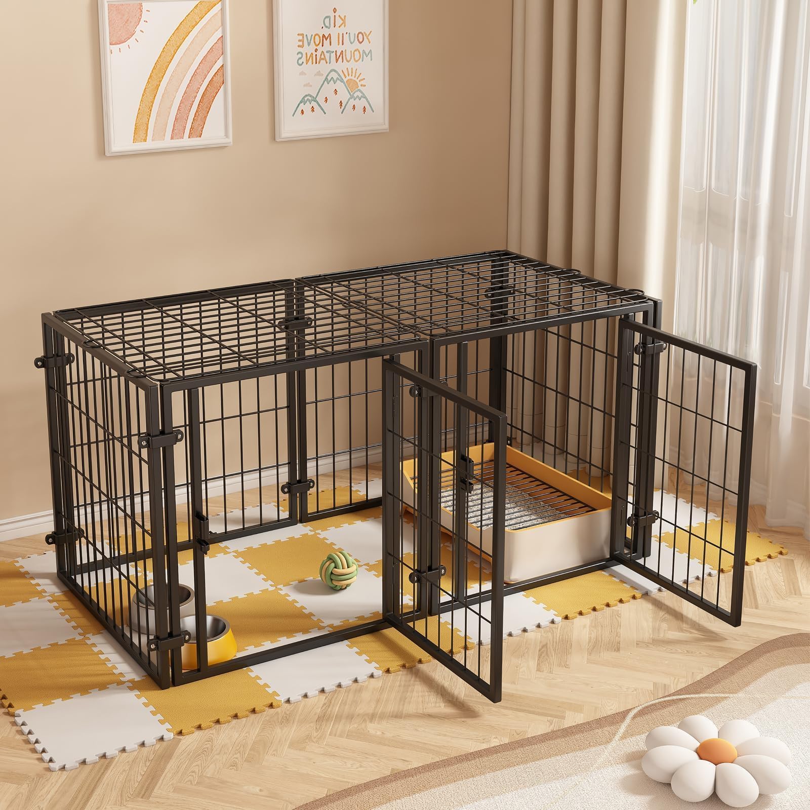 HEEOREV ペットサークル 犬 ゲージ ペットフェンス 犬 サークルケージドア付き （2つのドア、140x70x80cm、ブラック）栅 組立簡単 レイアウト自由 トイレトレーニング 脱走防止 自立 ケージ 犬用 小型犬 中型犬 大型犬 ペット用品 DIY 室内外兼用 多頭飼い 安全柵 （屋根面付き）