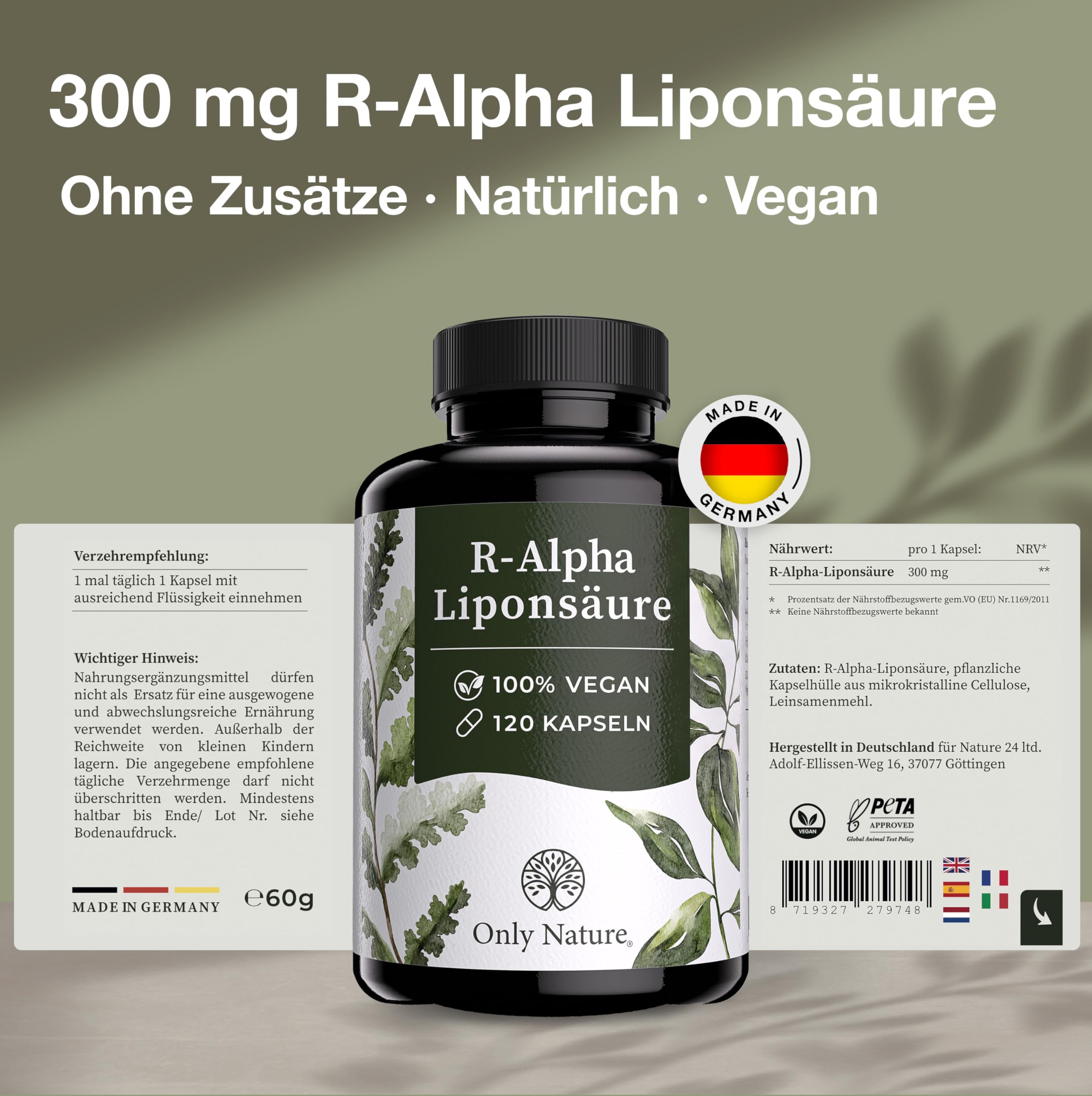 Only Nature® R Alpha Liponsäure 300mg - hochdosiert - 120 laborgeprüfte Kapseln - vegan - ohne Zusätze - in Deutschland produziert - R-Alpha-Liponsäure