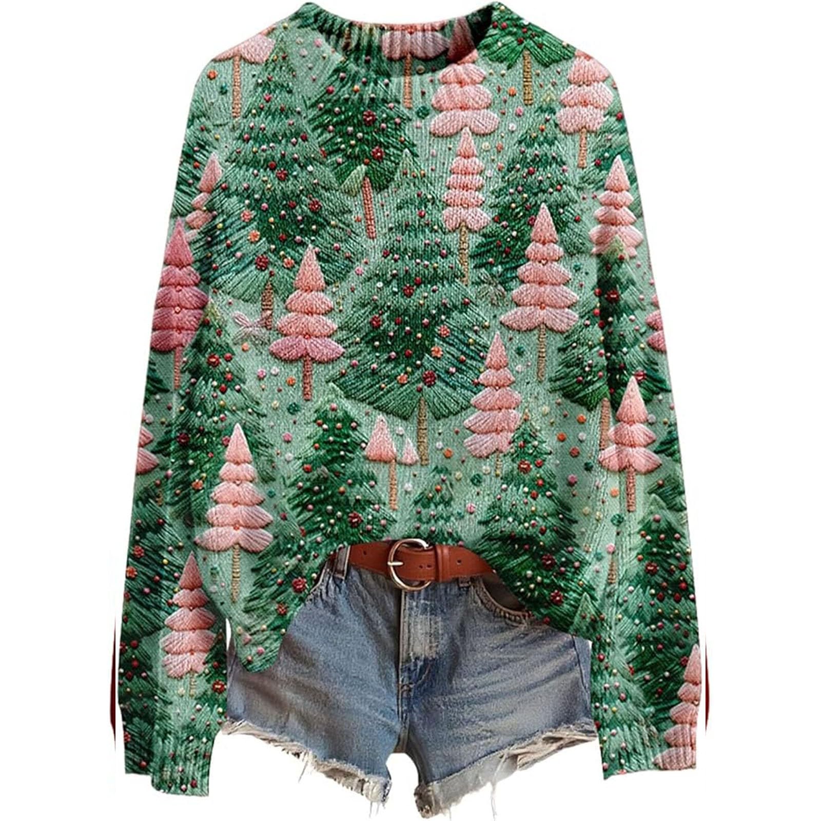 Christmas Sweaters for Women Ugly Sweater Christmas Knitted Pullover Funny Holiday Graphic Long Sleeve Tops