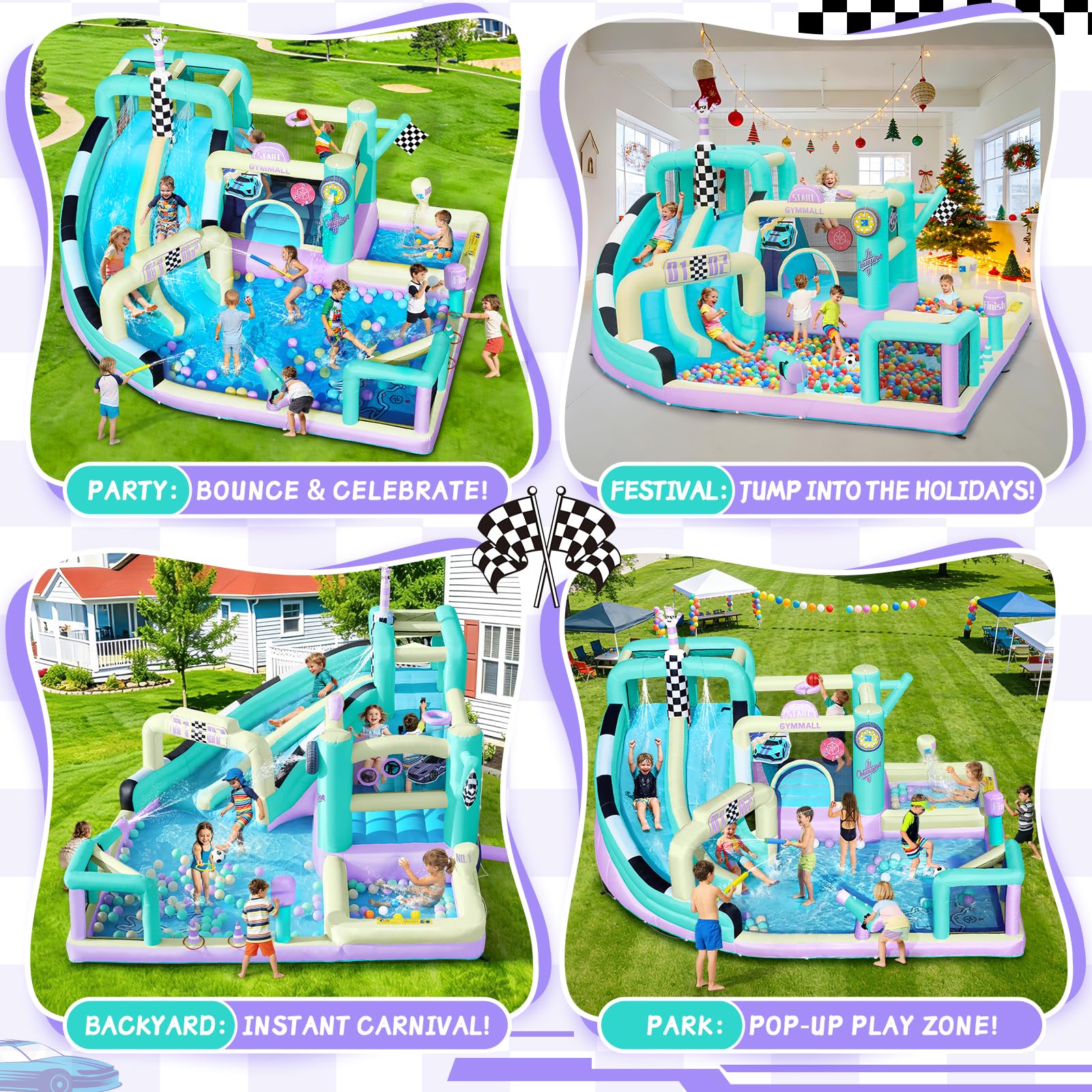 Castillo Inflable de Carreras para Niños, Gran Castillo Inflable 12 en 1 con Soplador de 750W, Doble Tobogán de Agua, Splash Pool, Zona de Salto, Apto para Interiores y Exteriores