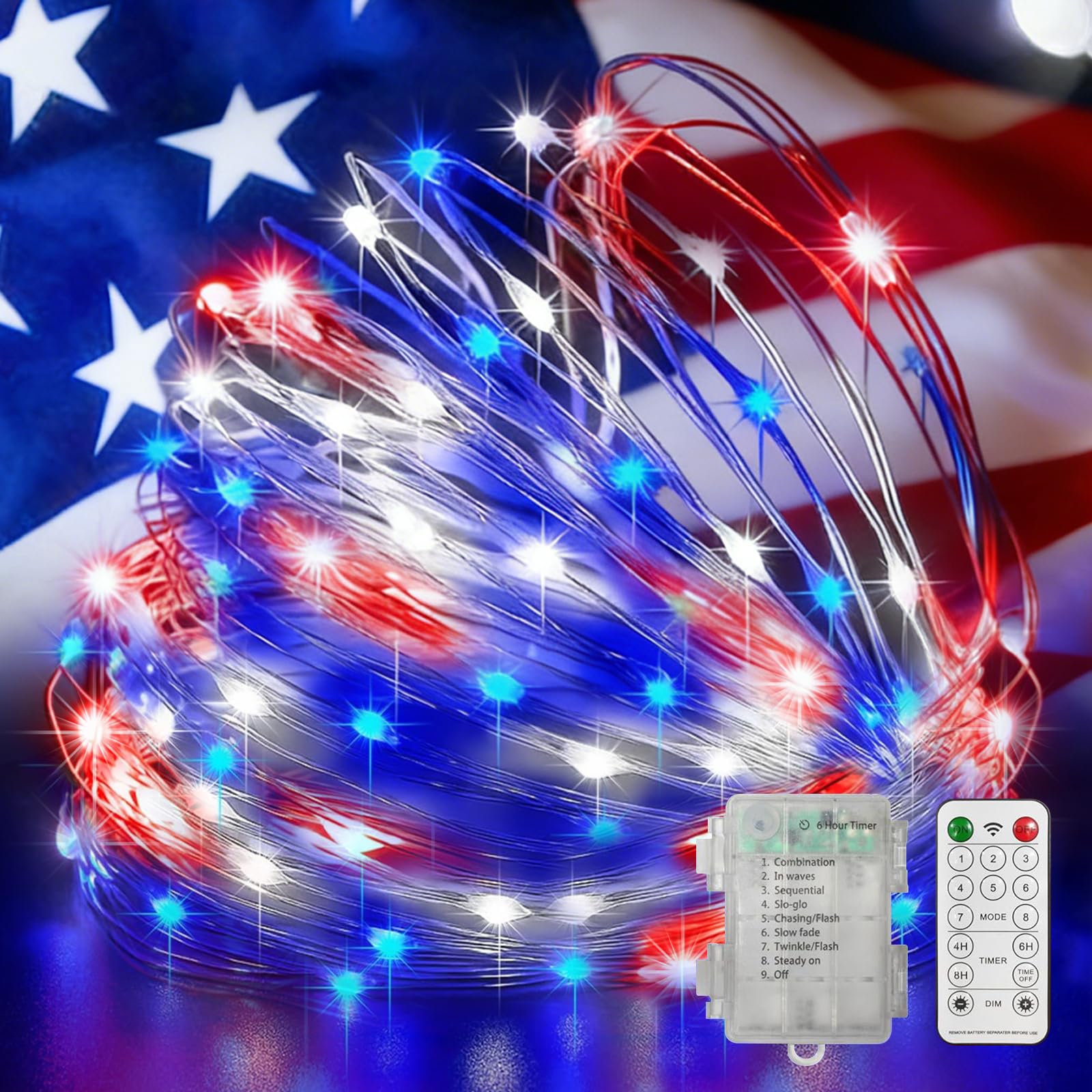 LAMPHOME Red White Blue Patriotic Fairy Lights Battery Operated, 33Ft 100 LEDs Waterproof Twinkle Firefly Lights,Starry String Light for Independence