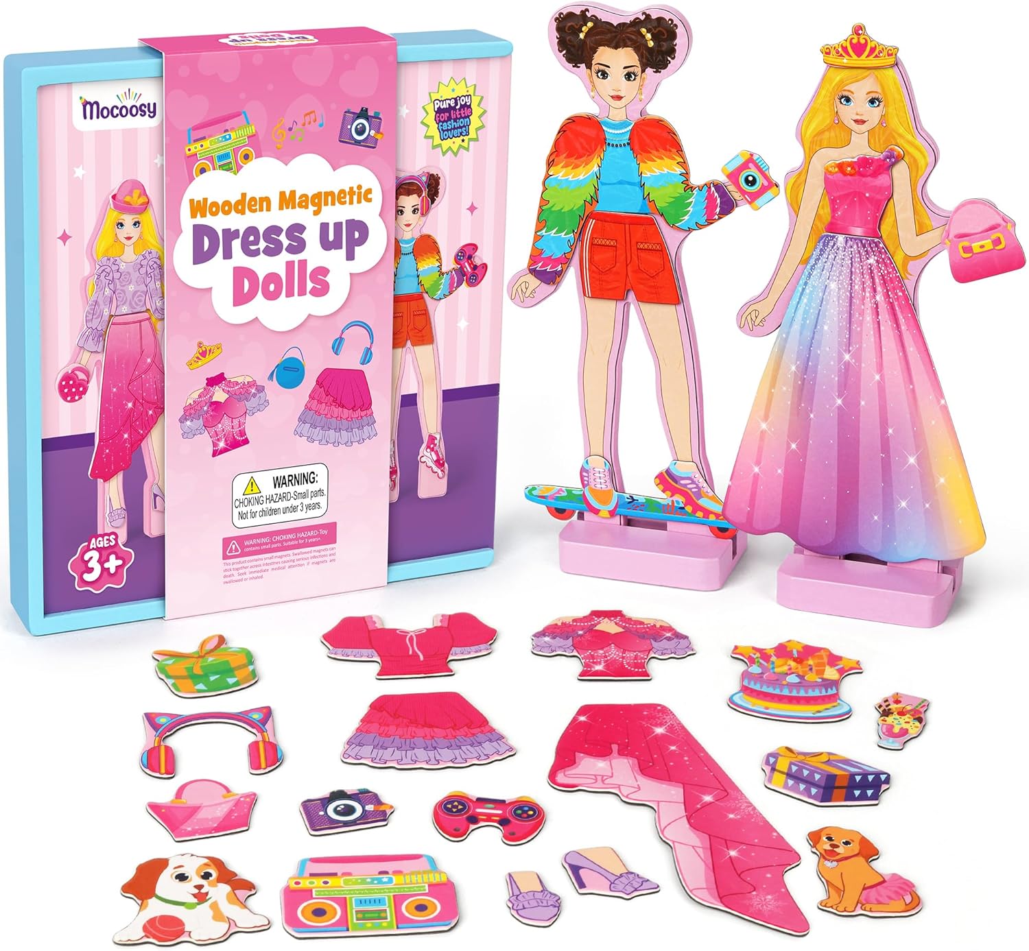 Mocoosy Wooden Magnetic Dress Up Dolls for Girls, Pretend Play Magnet Dolls with Storage Case, Travel Game Airplane Car Road Trip Toy On The Go Activity Set Birthday Gift for 3 4 5 6 7 8 Year Old Girl