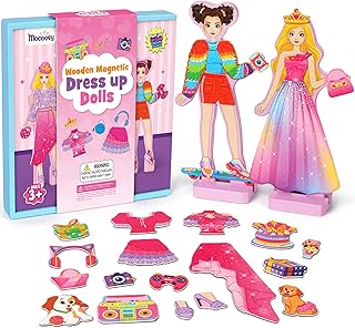 Mocoosy Wooden Magnetic Dress Up Dolls for Girls, 2 Magnet Dolls with Wood Case, Travel Game Airplane Car Road Trip Essential Toy On The Go Activity Set Easter Birthday Gift Girls 3 4 5 6 7 8 Year Old