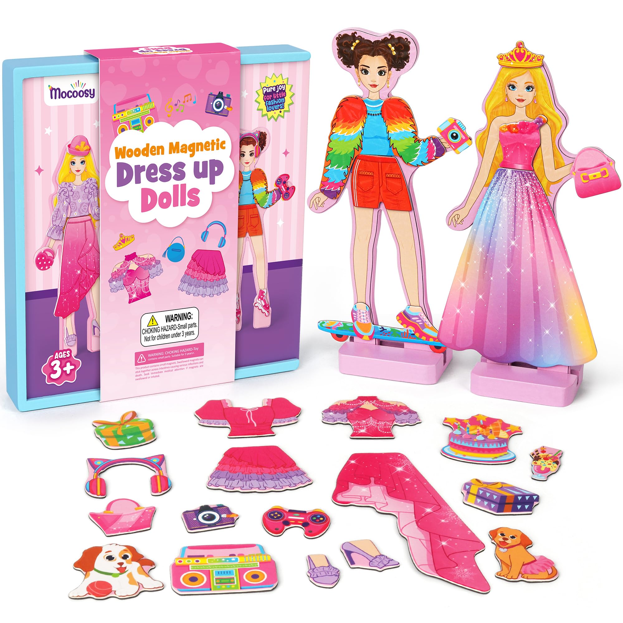 Mocoosy Wooden Magnetic Dress Up Dolls for Girls, 2 Magnet Dolls with Wood Case, Dress-up Pretend Play,Travel Game Plane Activities Toy Girl Birthday Present Craft Gift for 3 4 5 6 7 8 Year Old Girls