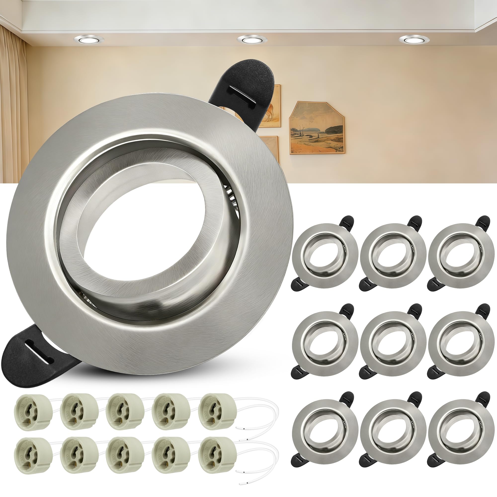 Laiebri 10er Einbaustrahler GU10 Set, 45° Schwenkbar Einbaurahmen 68mm mit GU10 Fassung, Rund LED Spots 230V Ultra Flach Deckenspots Nickel, Einbauspots Einbauleuchten Rahmen für LED oder Halogen