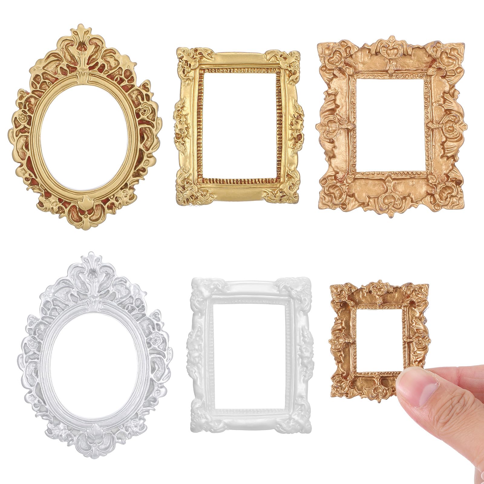 5 Pcs Miniature Dollhouse Mirror Set with Carved Golden Edges, European Style Victorian Baroque Wall Decor for 1/12 Scale Dollhouse Display, Mini Furniture Accessory Gold, White, Silver