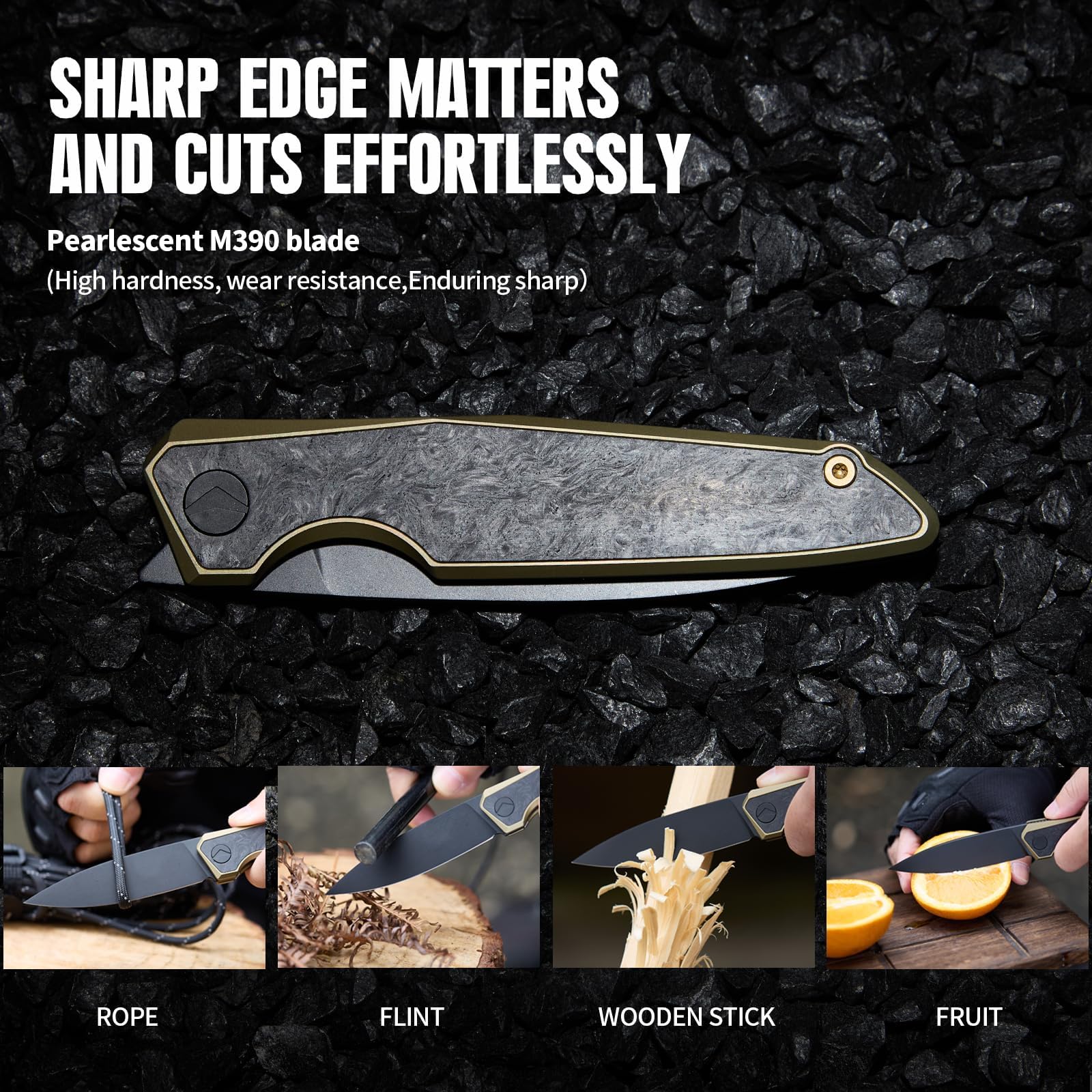 Taschenmesser Klappmesser Outdoor Messer Survival Messer EDC Einhandmesser mit Taschenclip, Tasche - M390 Stahl, Griff mit Titan- und Kohlefasereinlage - Männer Geschenk (Black & Golden)