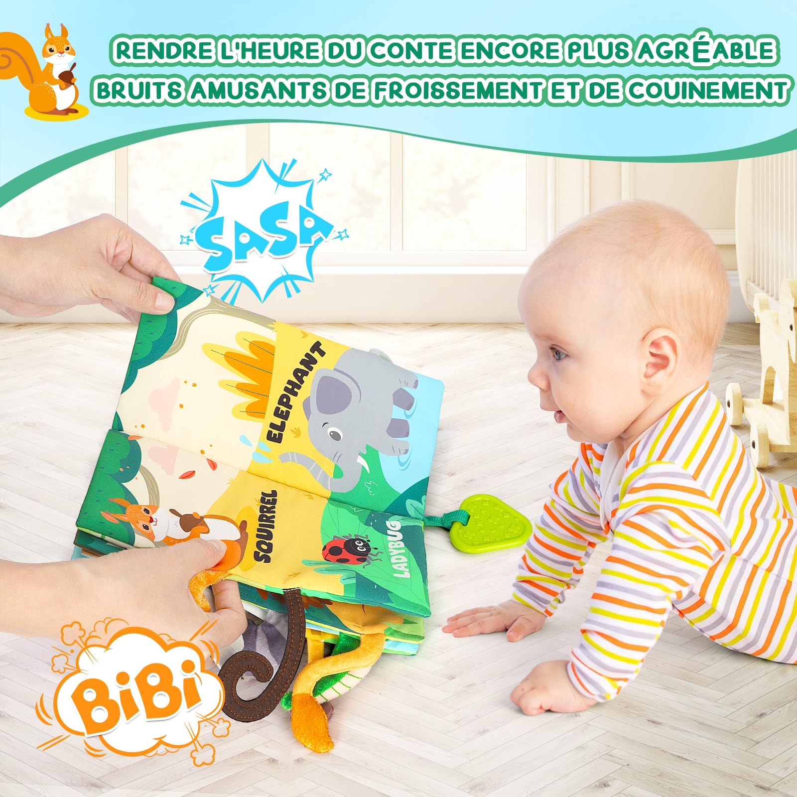 BBWOO Livre bébé 0-12 Mois, Livre bébé en Tissu Montessori aux Animaux 3D avec Anneau Dentition, Jouet bébé et Jeux pour l’éveil sensoriel et Le Tummy Time, Lavable, Un Cadeau bébé idéal
