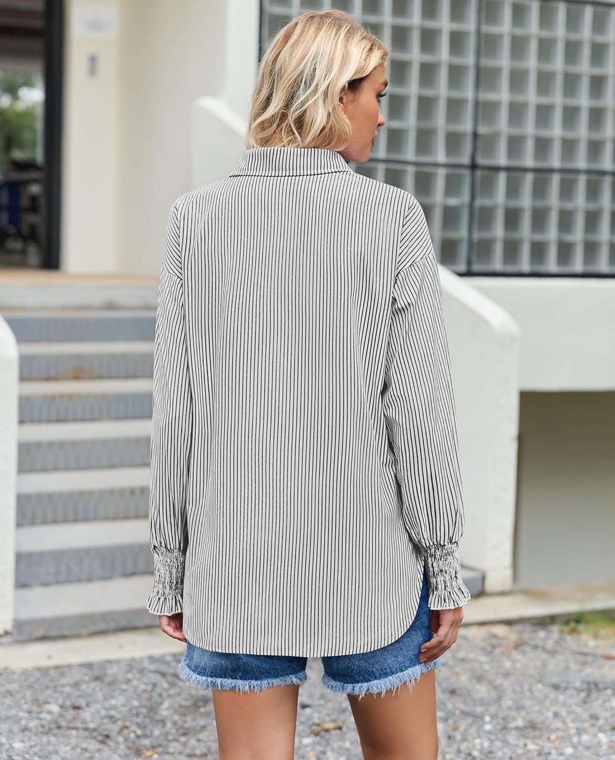 siliteelon Striped Button Down Shirts for Women Long Sleeve Blouses Boyfriend Plus Collared Smocked Business Casual Tops - Image 3