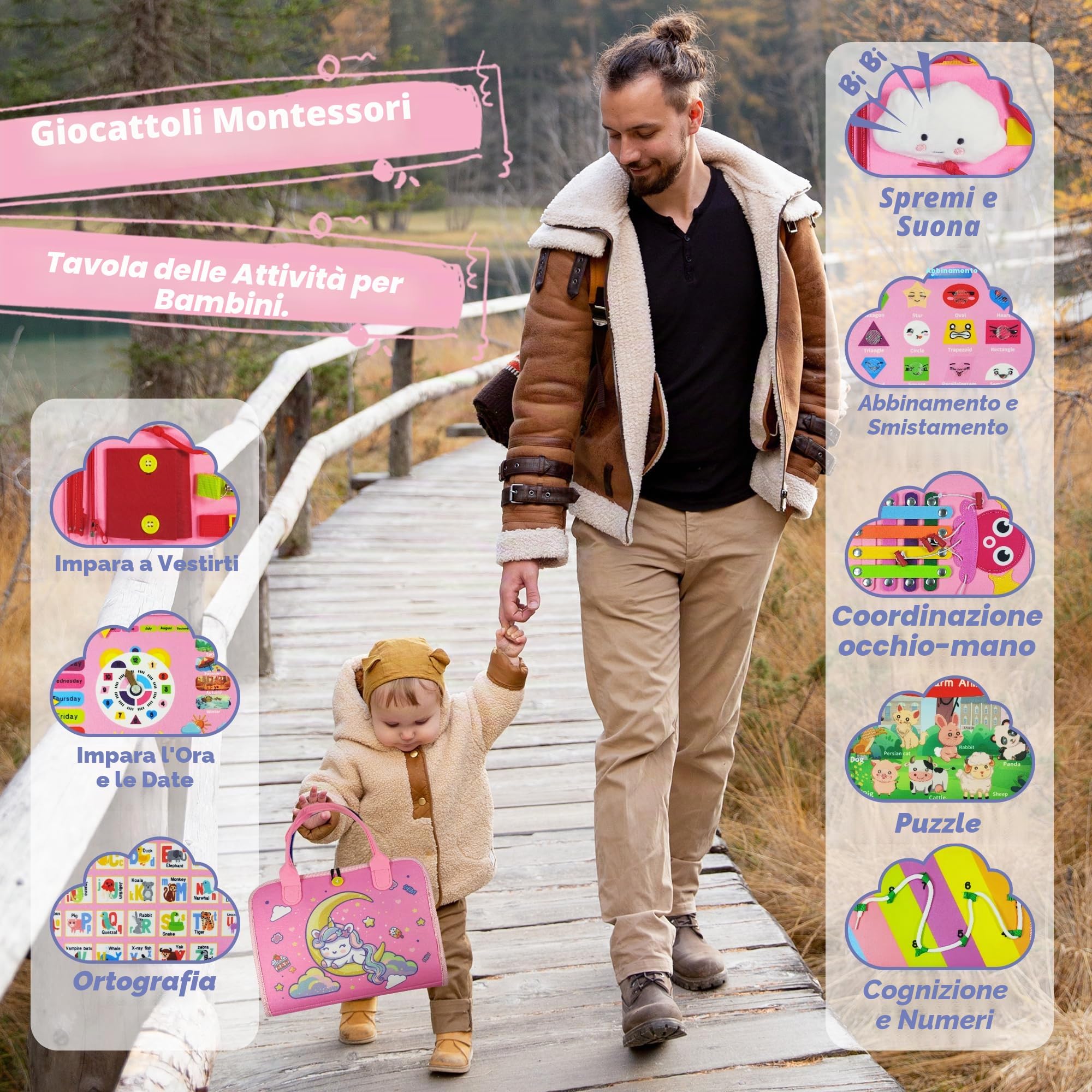TenFans Busy Board - Giocattolo Montessori da 1 a 4 Anni, Giocattoli sensoriali, Regali per Ragazze per Imparare Le abilità motorie, attività educative, Giocattolo da Viaggio per Auto e Aereo