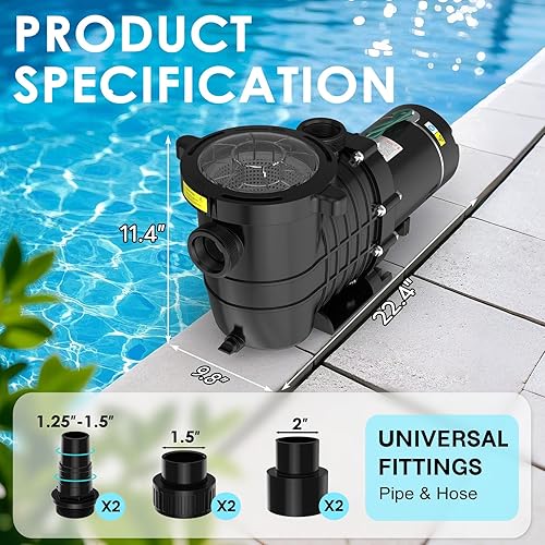 Vista 5 de Seeutek Bomba de piscina de 2.0 HP sobre el suelo y el suelo, potentes bombas de piscina autorecortables de 6900 GPH con cesta de filtro de colador