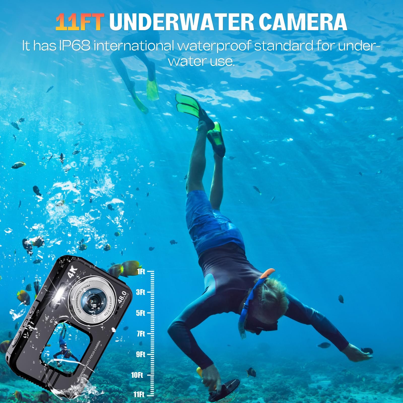 Appareil Photo Numérique HICSHON 4K étanche 48 MP Autofocus Caméra sous-Marine avec Carte mémoire 64 G Selfie Dual écrans avec Zoom 16X, Compact pour Enfants/débutants (Noir)