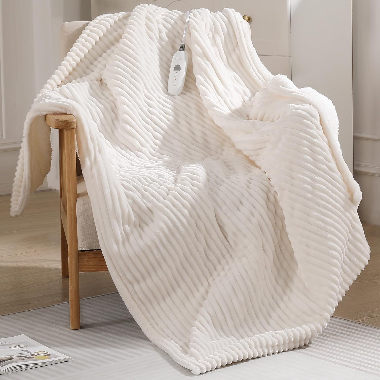 Electric Throw Heated Throw 50''x60'', Striped Flannel & Thicker Sherpa, 5 Heat Settings & 4 Hour Auto Off with FCC/ETL Certified, Overheat Protection & Machine Washable, Great Gift, White
