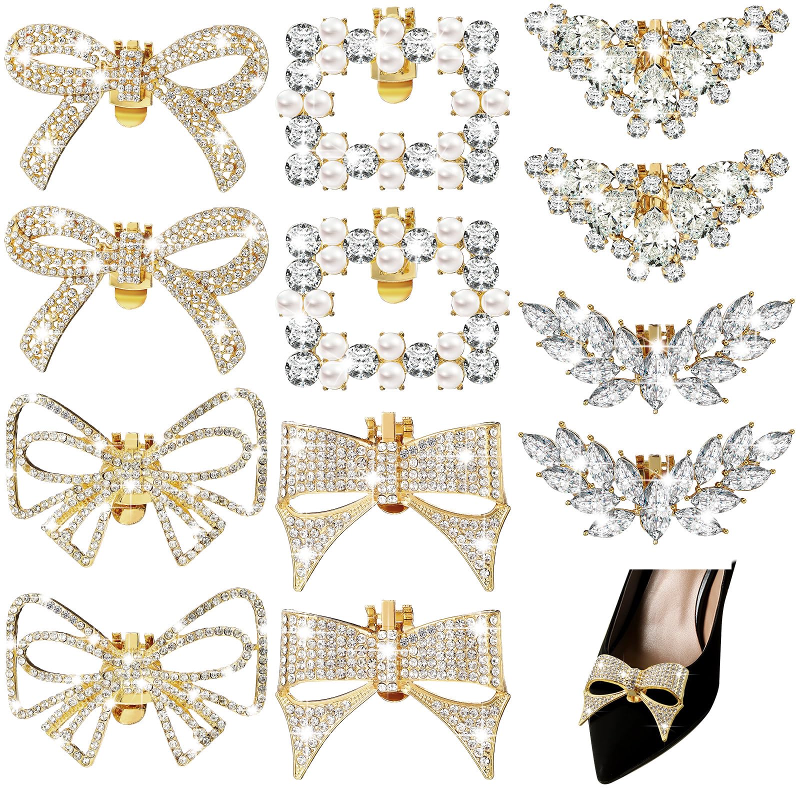 XunYee 12 Pcs Rhinestone Bow Shoe Clips Buckle Decorative Bow Clips for Shoes Elegant Removable Shoe Charms for Women, 6 Style(Gold)