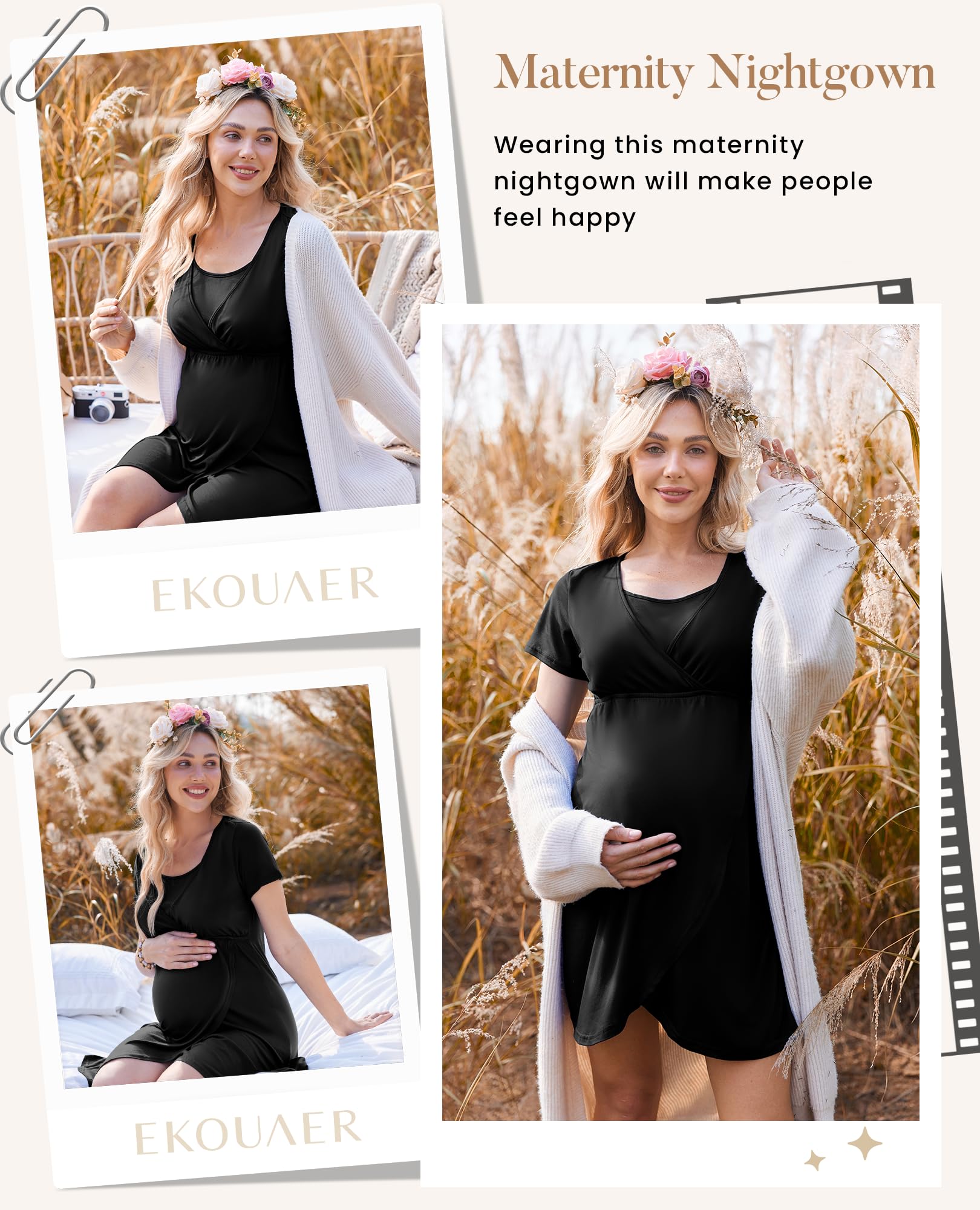 Ekouaer vestito da allattamento maternità camicia da notte donna consegno/lavoro allattamento al seno vestito da notte - - S