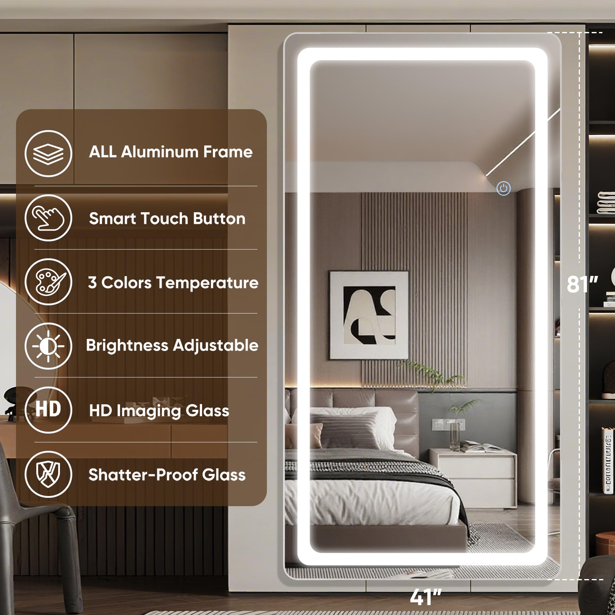 Antok LED Full Length Mirror with Light, 71"x28" Lighted Full Body Mirror with Stand, Dimmable & 3 Color Lighting Standing/Leaning/Wall Mounted Vanity Mirror for Bedroom Cloakroom Livingroom(Rect): 81"L x 41"W Rect Style White