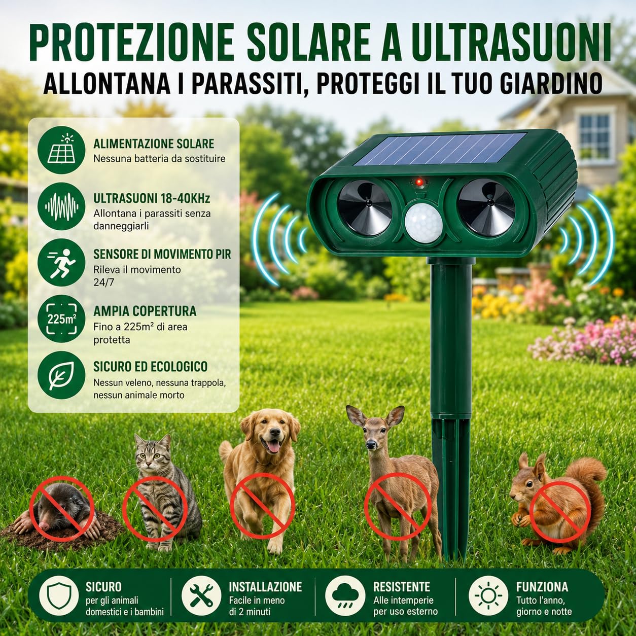 SONICFIELD Ultrasuoni per Piccioni Solare con Sensore PIR, Dissuasore per Uccelli e Volatili, Spaventa Piccioni da Balcone, Repellente per Giardino contro Gatti, Cani, Talpe e Scoiattoli, 225m²