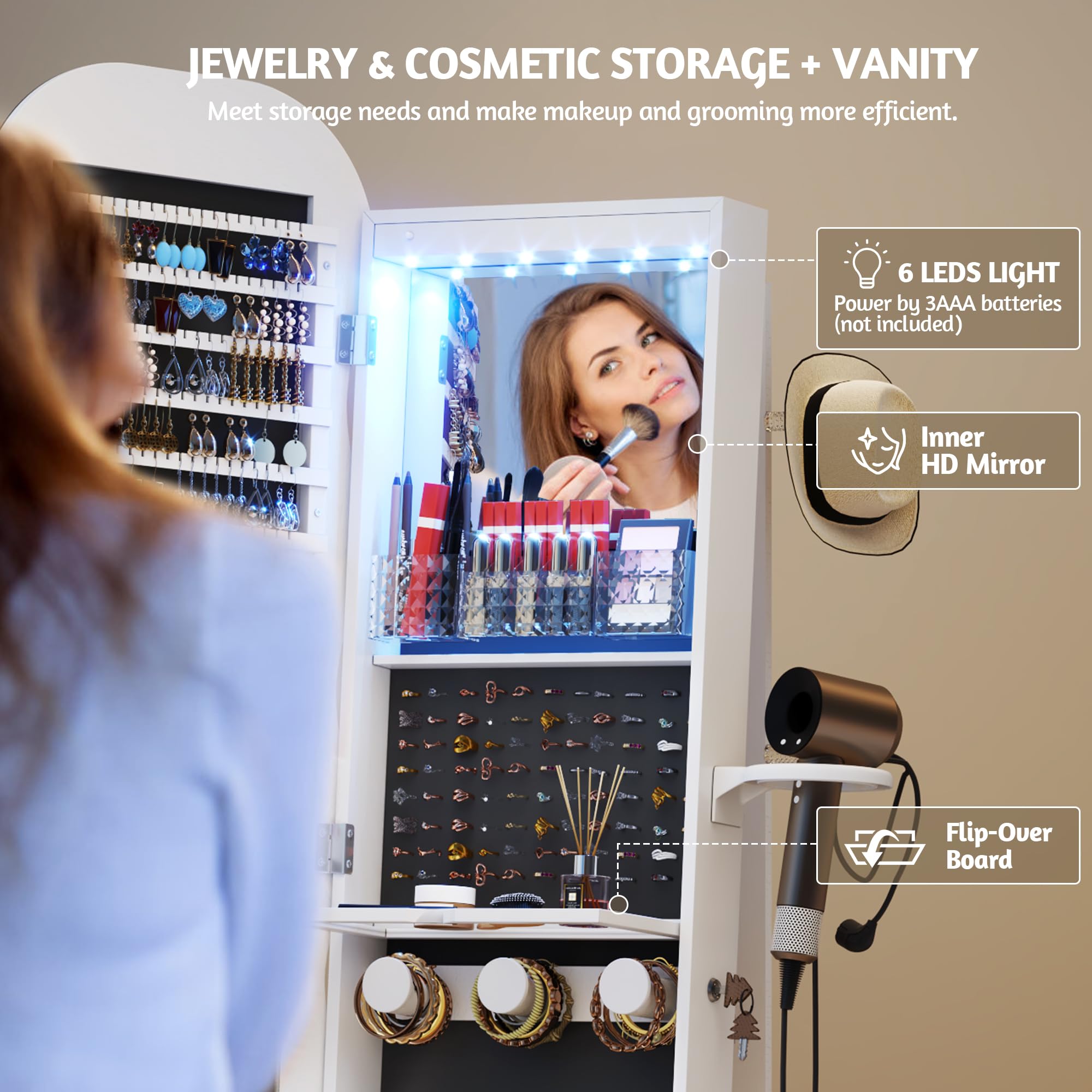 LVSOMT LED Schmuckschrank mit Gewellt Spiegel, 360° Drehbarer Schmuckschrank Abschließbar, Bogen Spiegelschrank Stehend Wohnzimmer Schlafzimmer, 3 Stufiges Regal & 3 Häkchen, Geschenke für Damen, Weiß