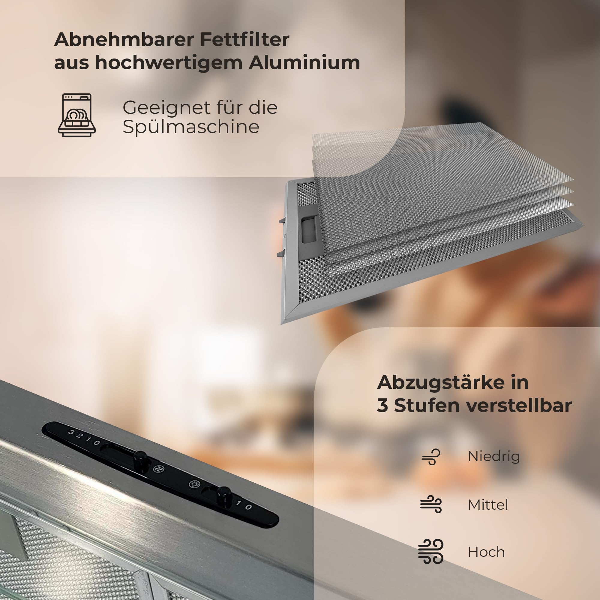 YUNA Dunstabzugshaube Mila KUBH 60205 Edelstahl 60 cm Unterbauhaube Abluft Umluftbetrieb 82W LED