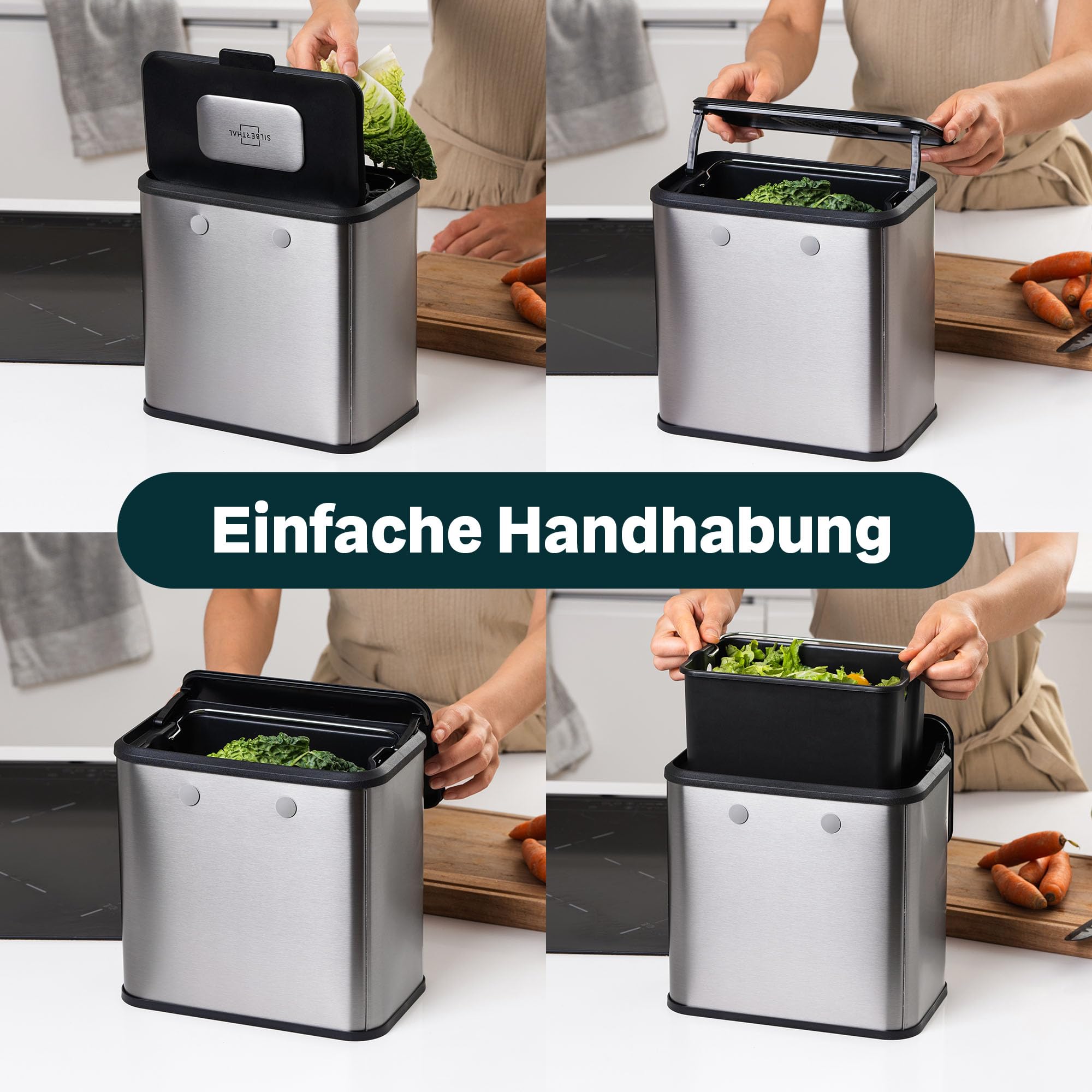 SILBERTHAL Biomülleimer Küche klein - 4L - Edelstahl - Mit Deckel - Geruchsarmer Komposteimer für die Küche - Mit Aktivkohlefilter - Innenbehälter spülmaschinenfest