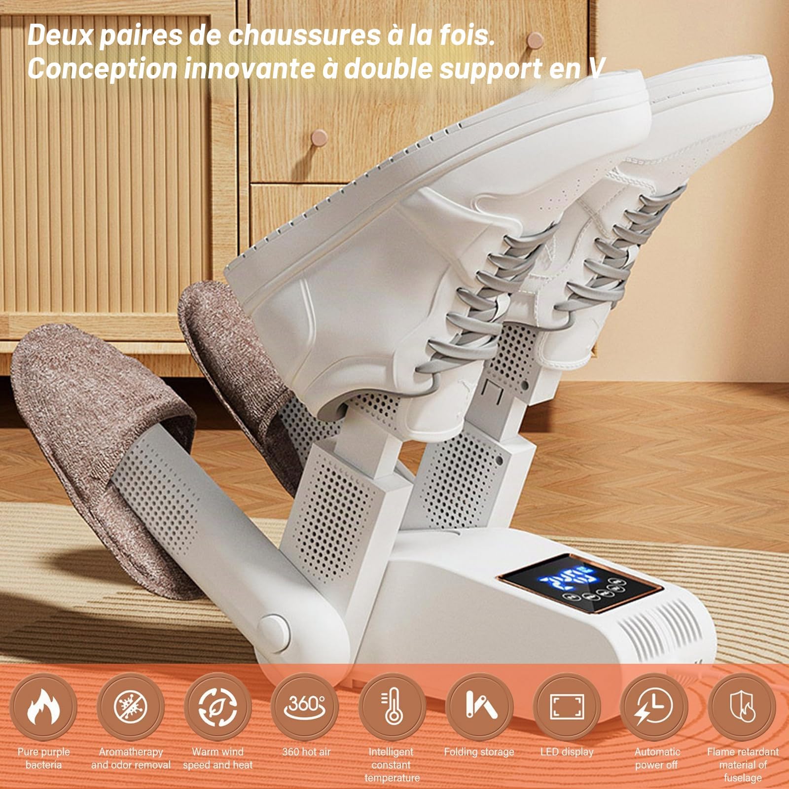 Sèche Chaussures Électrique, Sèche-Bottes et Chauffe-Chaussures Pliable avec Minuterie Intelligente, Désodorisation Ozone + UV, pour Chaussure de Ski, Bottes, Gants, Chapeaux et Chaussettes (Blanc)